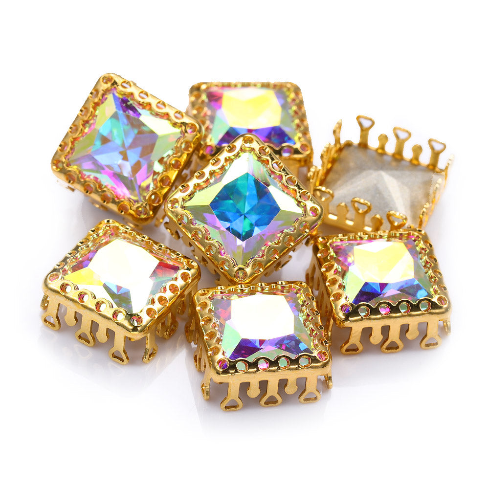 Crystal AB Princess Square Shape High-Quality Glass Sew-on Nest Hollow Claw Rhinestones