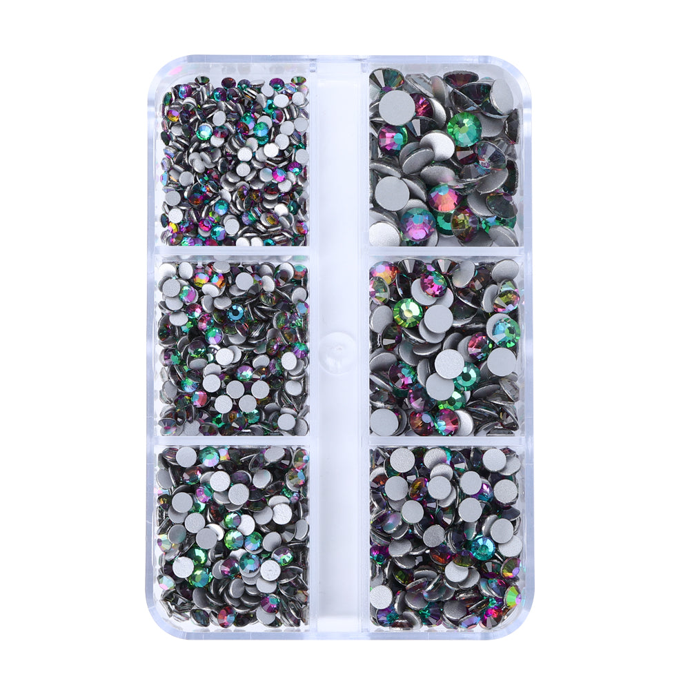 Mixed Sizes 6 Grid Box Green Volcano Glass FlatBack Rhinestones For Nail Art  Silver Back