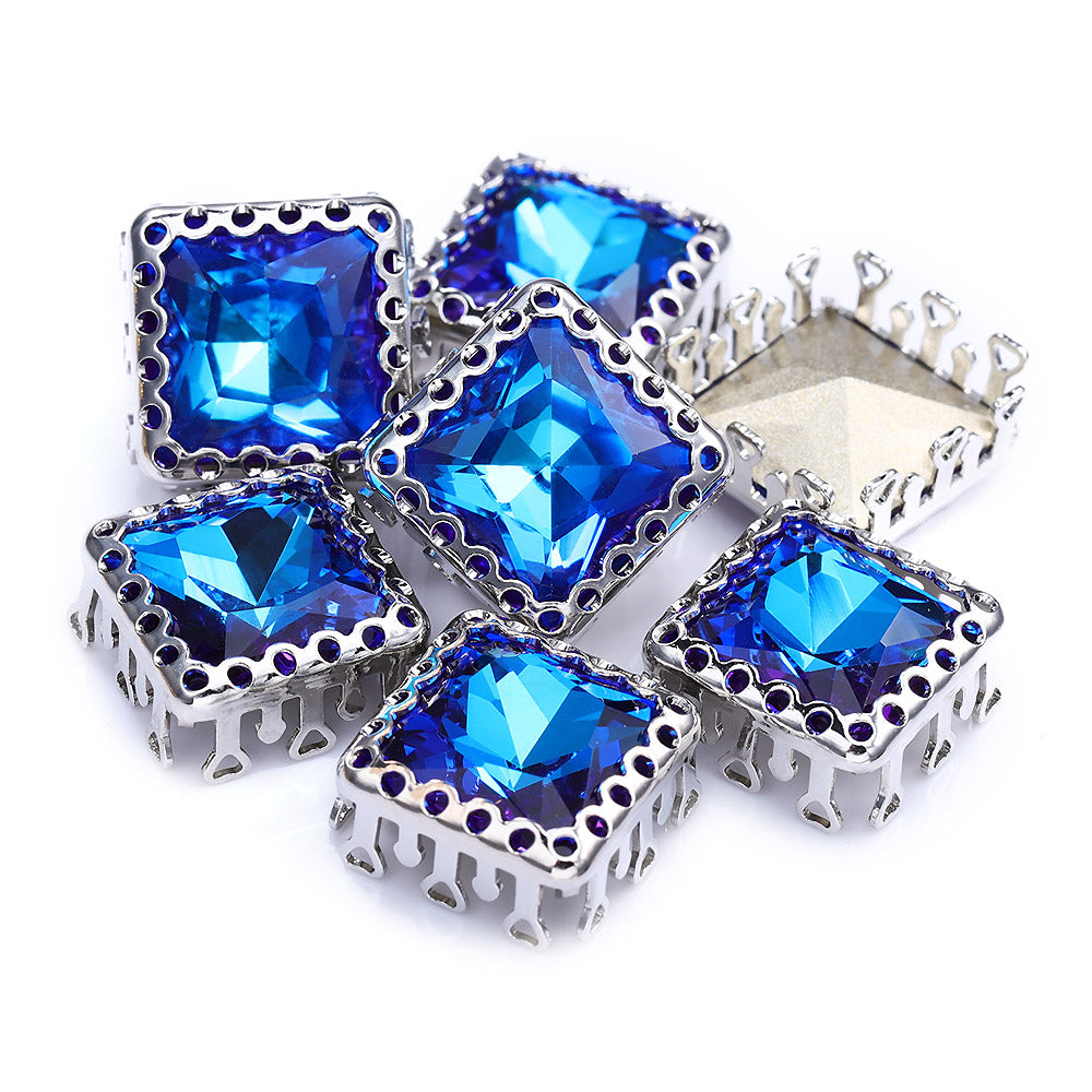 Bermuda Blue Princess Square Shape High-Quality Glass Sew-on Nest Hollow Claw Rhinestones WholesaleRhinestone