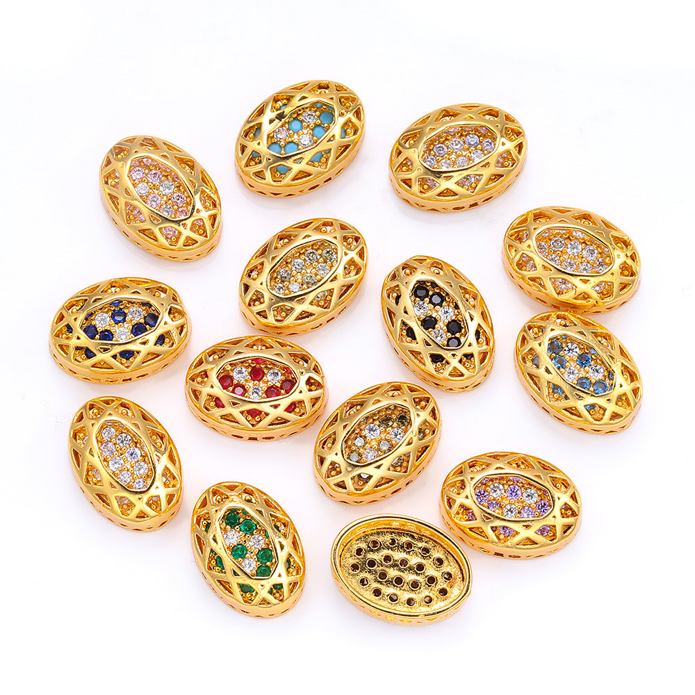 Oval Shape Golden Plated High-Quality Sew-on Alloy Charms Inlaid Cubic Zirconia