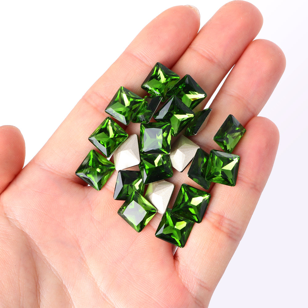 Farne Green Princess Square Form hochwertiges Glasspitzback -Rücken -Fantasie -Strass -Strasssteine