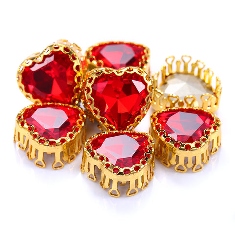 Light Siam Maxi Heart Shape High-Quality Glass Sew-on Nest Hollow Claw Rhinestones