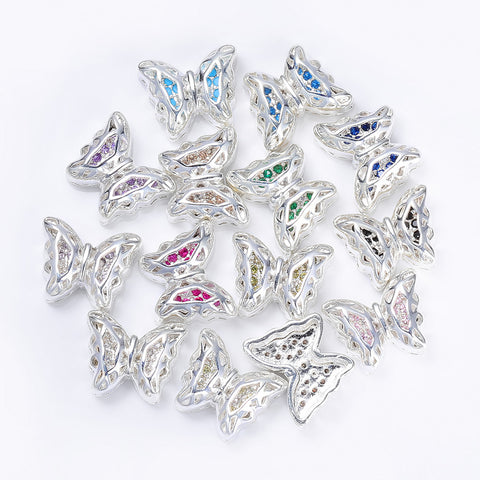 Butterfly Shape Silver Plated High-Quality Sew-on Alloy Charms Inlaid Cubic Zirconia