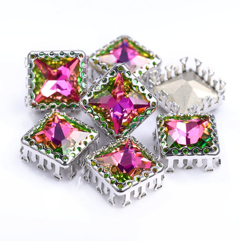 Vitrail Rose Princess Square Shape High-Quality Glass Sew-on Nest Hollow Claw Rhinestones