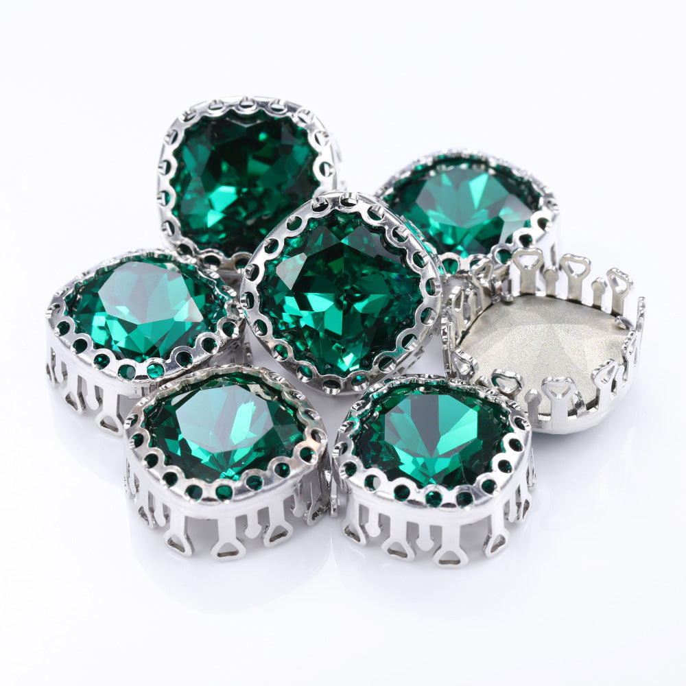 Emerald Cushion Square Shape High-Quality Glass Sew-on Nest Hollow Claw Rhinestones