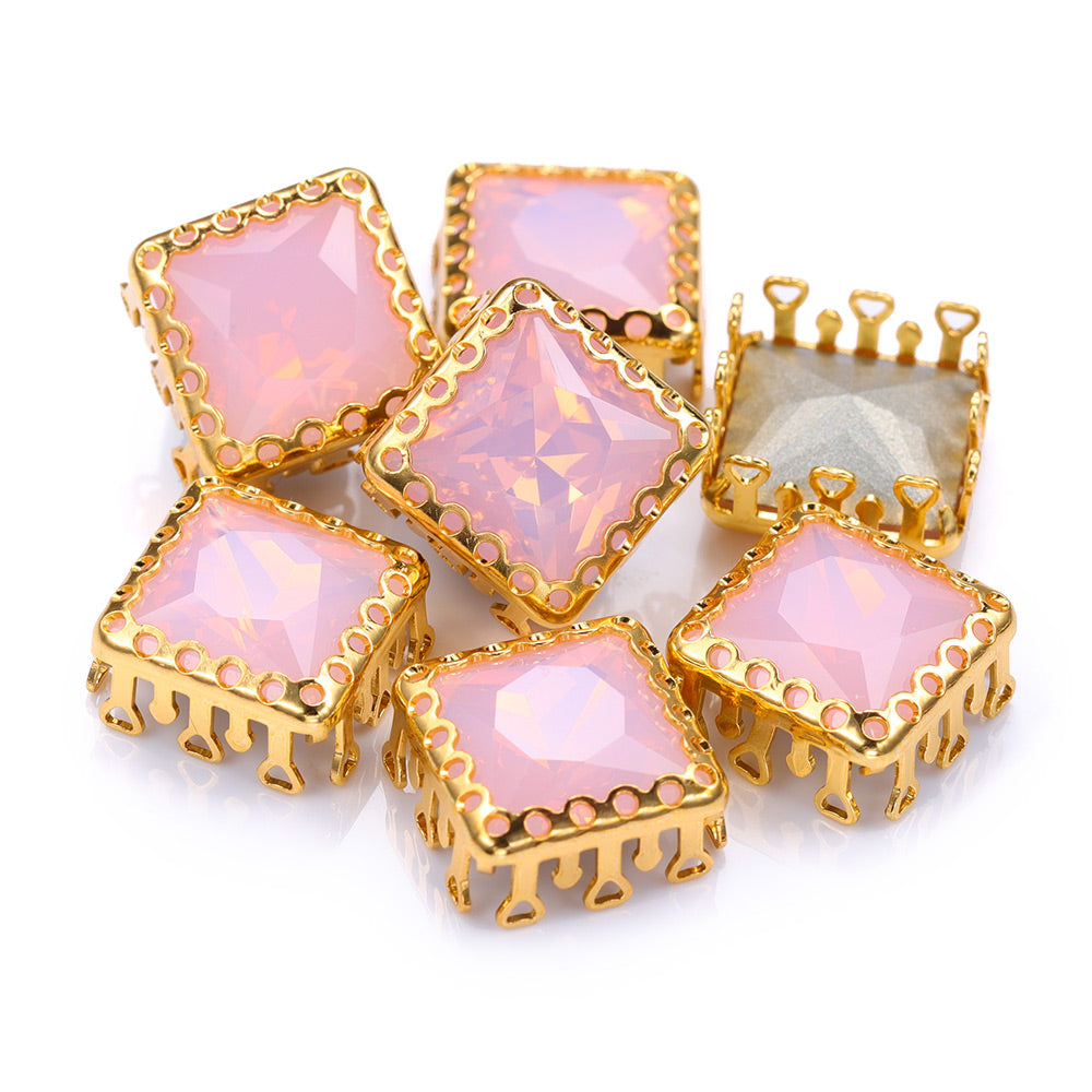 Rose Water Opal Princess Square Shape High-Quality Glass Sew-on Nest Hollow Claw Rhinestones