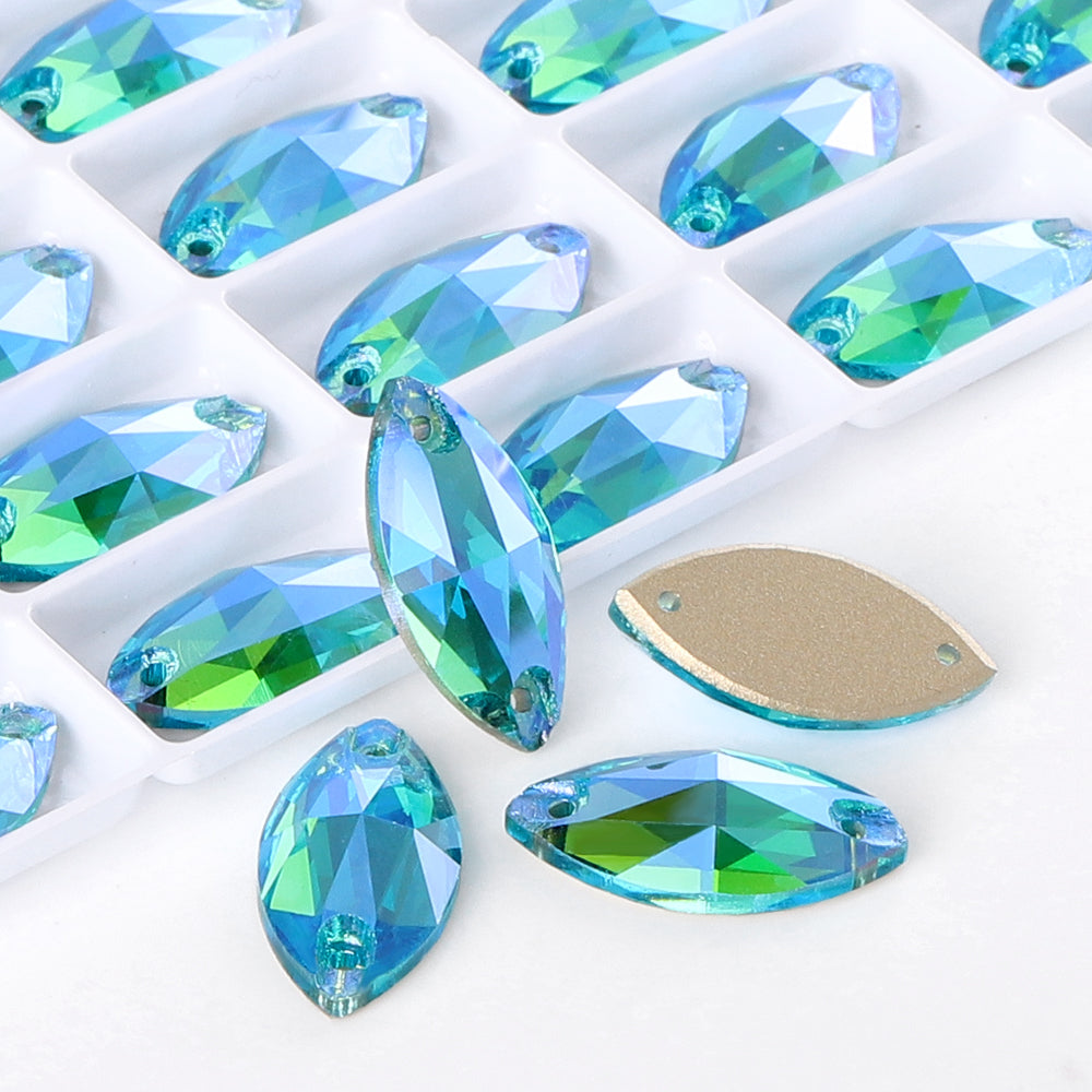 Aquamarine Shimmer Navette Shape High Quality Glass Sew-on Rhinestones Secondary image