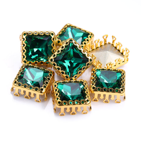 Emerald Princess Square Shape High-Quality Glass Sew-on Nest Hollow Claw Rhinestones