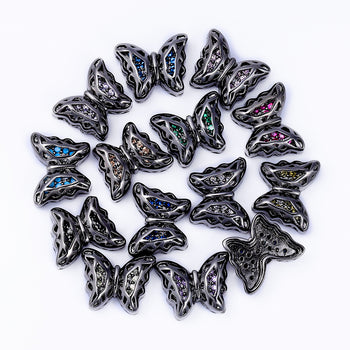 Mixed Colors Butterfly Shape Hematite Plated High-Quality Sew-on Alloy Charms Inlaid Cubic Zirconia WholesaleRhinestone