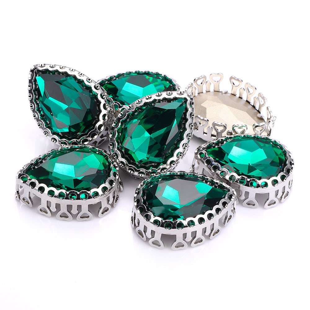 Emerald Drop Shape High-kvalitet Glass Sew-On Hollow Claw Rhinestones