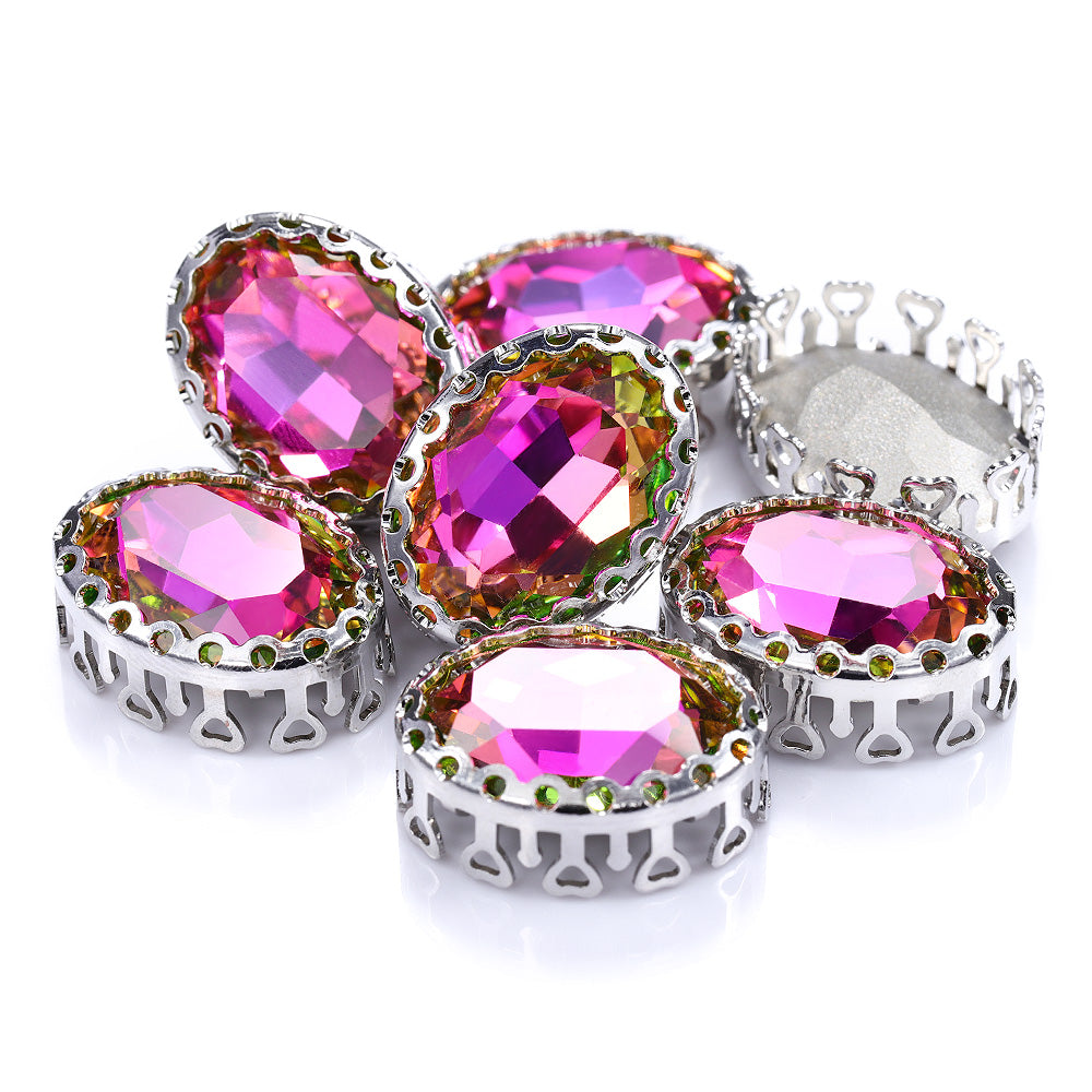 Vitrail Rose Oval Shape High-Quality Glass Sew-on Nest Hollow Claw Rhinestones