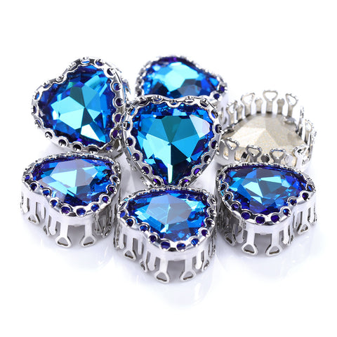 Bermuda Blue Maxi Heart Shape High-Quality Glass Sew-on Nest Hollow Claw Rhinestones