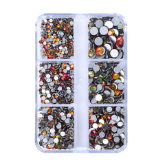 Mixed Sizes 6 Grid Box Red Volcano Glass FlatBack Rhinestones For Nail Art Silver Back