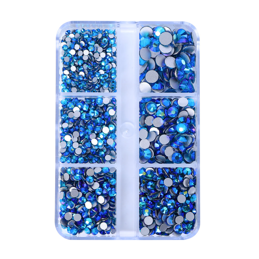 Mixed Sizes 6 Grid Box Indicolite AB Glass FlatBack Rhinestones For Nail Art Silver Back WholesaleRhinestone メイン画像