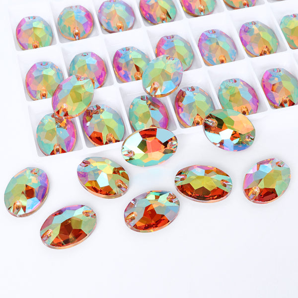 Iridescent Green Oval Shape High Quality Glass Sew-on Rhinestones WholesaleRhinestone