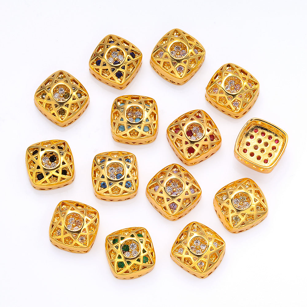 Cushion Square Shape Golden Plated High-Quality Sew-on Alloy Charms Inlaid Cubic Zirconia