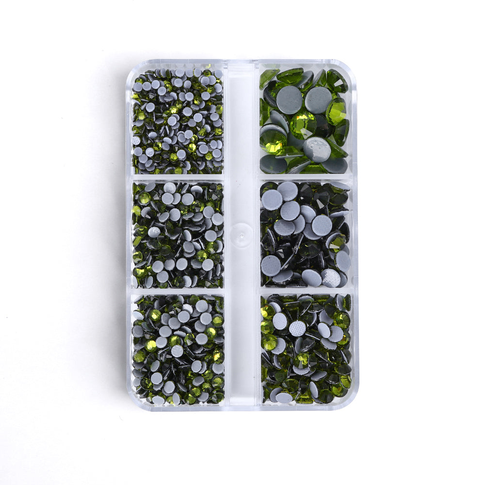 Mixed Sizes 6 Grid Box Olive Green Glass HotFix Rhinestones For Clothing DIY WholesaleRhinestone Main image