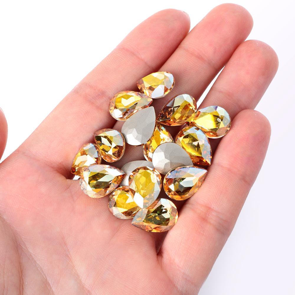 Metallic Sunshine Pear Shape High Quality Glass Pointed Back Fancy Rhinestones WholesaleRhinestone