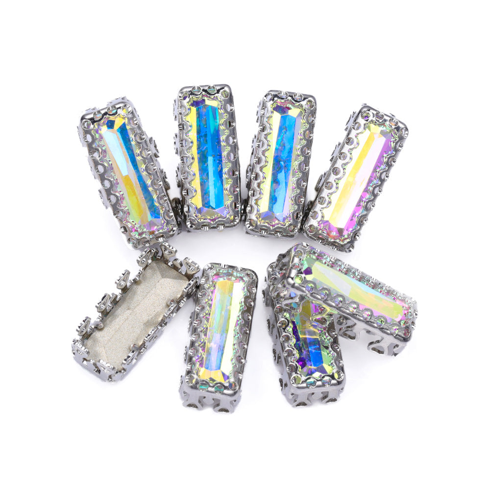 Crystal AB Princess Baguette Shape High-Quality Glass Sew-on Nest Hollow Claw Rhinestones