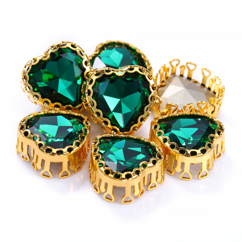 Emerald Maxi Heart Shape High-Quality Glass Sew-on Nest Hollow Claw Rhinestones