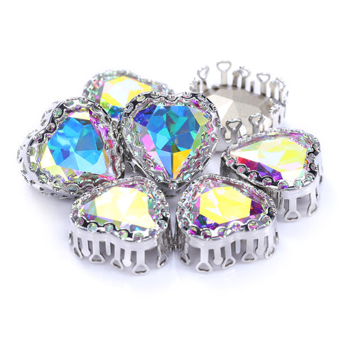 Crystal AB Maxi Heart Shape High-Quality Glass Sew-on Nest Hollow Claw Rhinestones