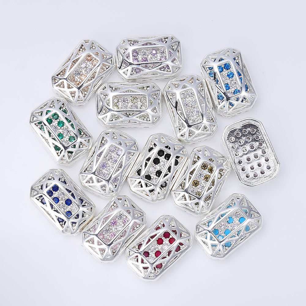 Octagon Shape Silver Plated High-Quality Sew-on Alloy Charms Inlaid Cubic Zirconia