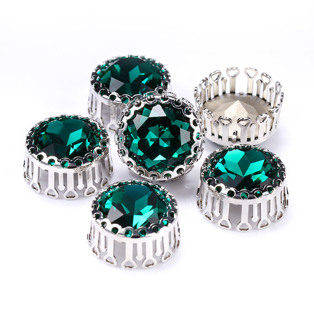 Emerald Gemstone Flower Round Shape High-Quality Glass Sew-on Nest Hollow Claw Rhinestones