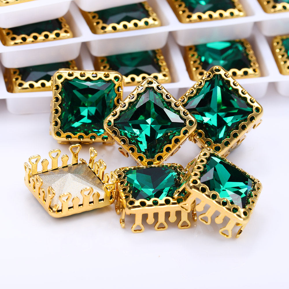 Emerald Princess Square Shape High-Quality Glass Sew-on Nest Hollow Claw Rhinestones