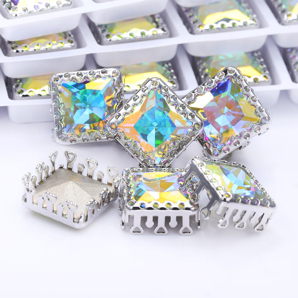 Crystal AB Princess Square Shape High-Quality Glass Sew-on Nest Hollow Claw Rhinestones
