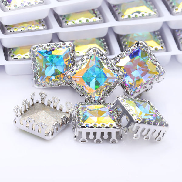 Crystal AB Princess Square Shape High-Quality Glass Sew-on Nest Hollow Claw Rhinestones WholesaleRhinestone
