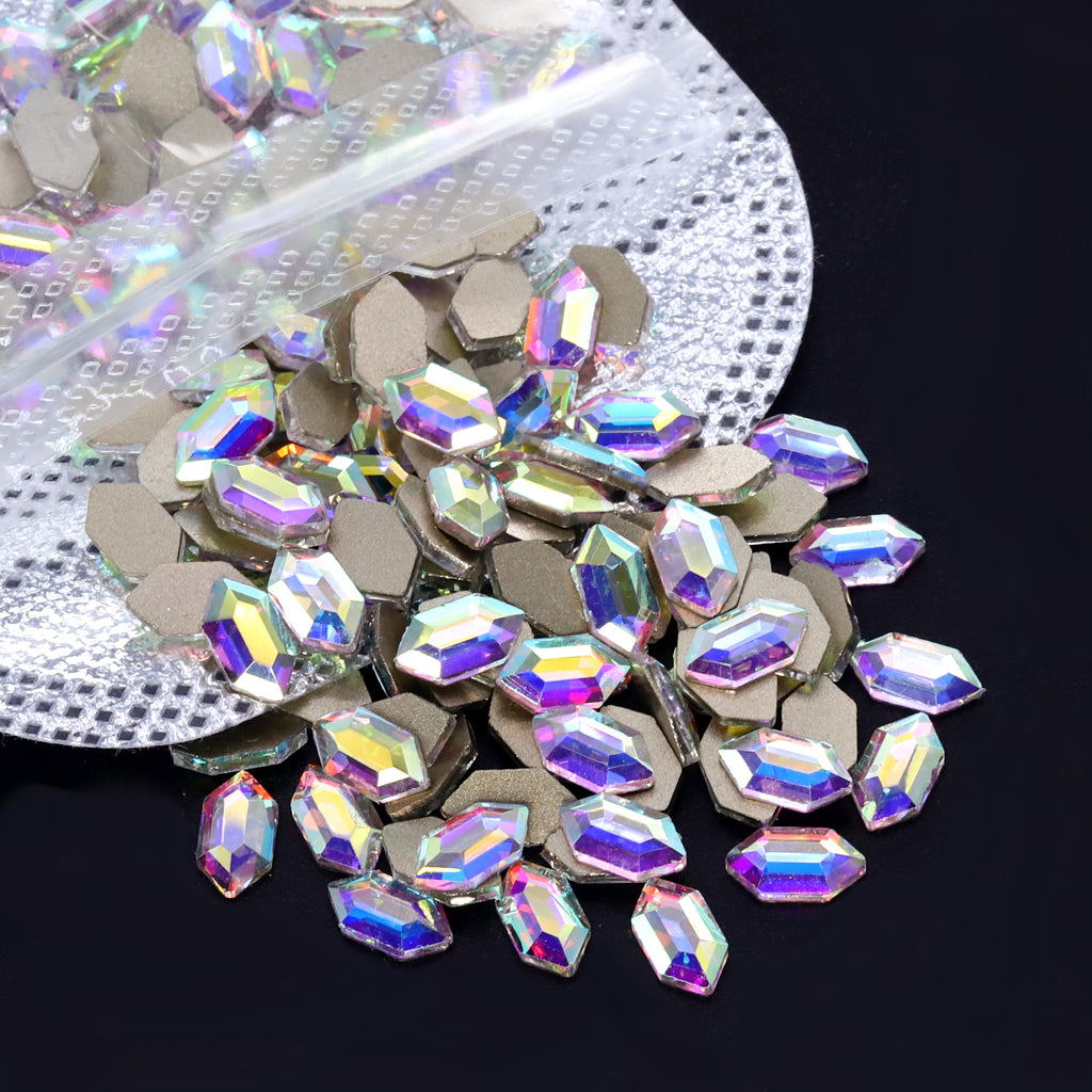 Elongated Hexagon Shape Crystal AB Flat Back Fancy Rhinestones