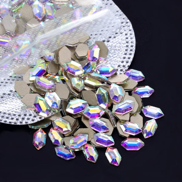 Elongated Hexagon Shape Crystal AB Flat Back Fancy Rhinestones