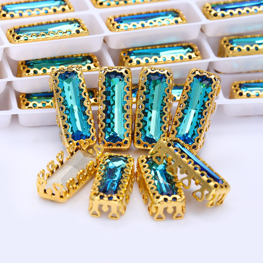 Bermuda Blue Princess Baguette Shape High-Quality Glass Sew-on Nest Hollow Claw Rhinestones WholesaleRhinestone