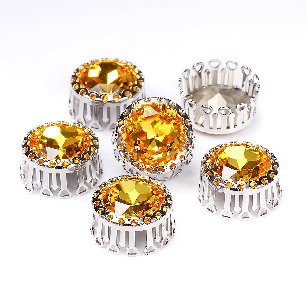 Light Topaz Gemstone Flower Round Shape High-Quality Glass Sew-on Nest Hollow Claw Rhinestones