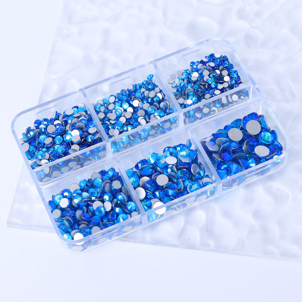 Mixed Sizes 6 Grid Box Capri Blue AB Glass FlatBack Rhinestones For Nail Art  Silver Back WholesaleRhinestone