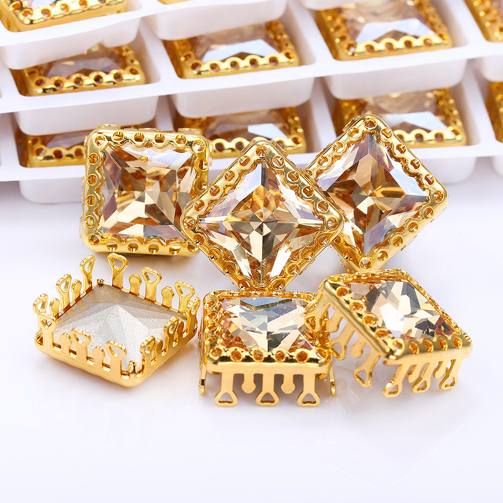 Golden Shadow Princess Square Shape High-Quality Glass Sew-on Nest Hollow Claw Rhinestones