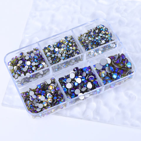 Mixed Sizes 6 Grid Box Olive Green AB Glass FlatBack Rhinestones For Nail Art  Silver Back Secondary image