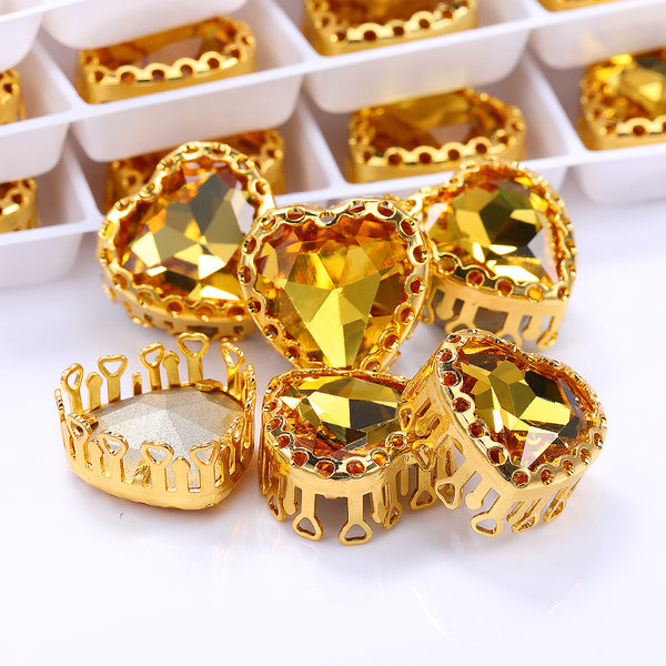 Light Topaz Maxi Heart Shape High-Quality Glass Sew-on Nest Hollow Claw Rhinestones WholesaleRhinestone