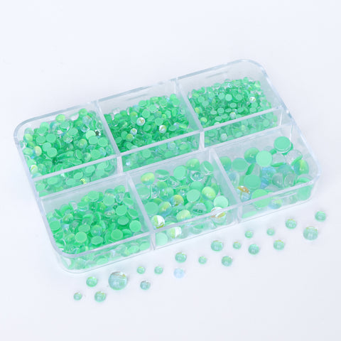 Mixed Sizes 6 Grid Box Mocha Light Green Mermaid Tears Glass Half Pearls Rhinestones