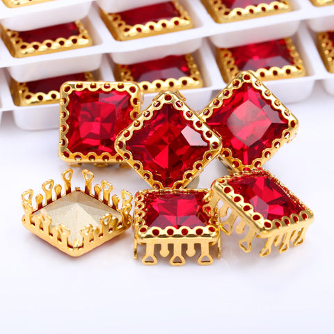 Light Siam Princess Square Shape High-Quality Glass Sew-on Nest Hollow Claw Rhinestones