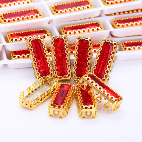 Light Siam Princess Baguette Shape High-Quality Glass Sew-on Nest Hollow Claw Rhinestones