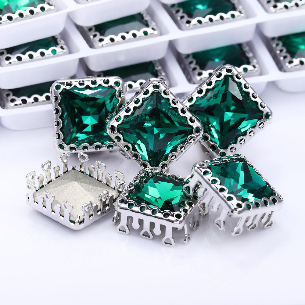 Emerald Princess Square Shape High-Quality Glass Sew-on Nest Hollow Claw Rhinestones