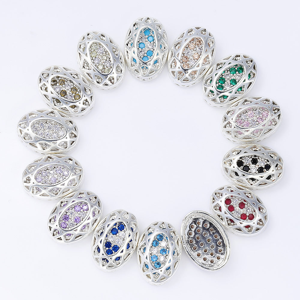 Oval Shape Silver Plated High-Quality Sew-on Alloy Charms Inlaid Cubic Zirconia