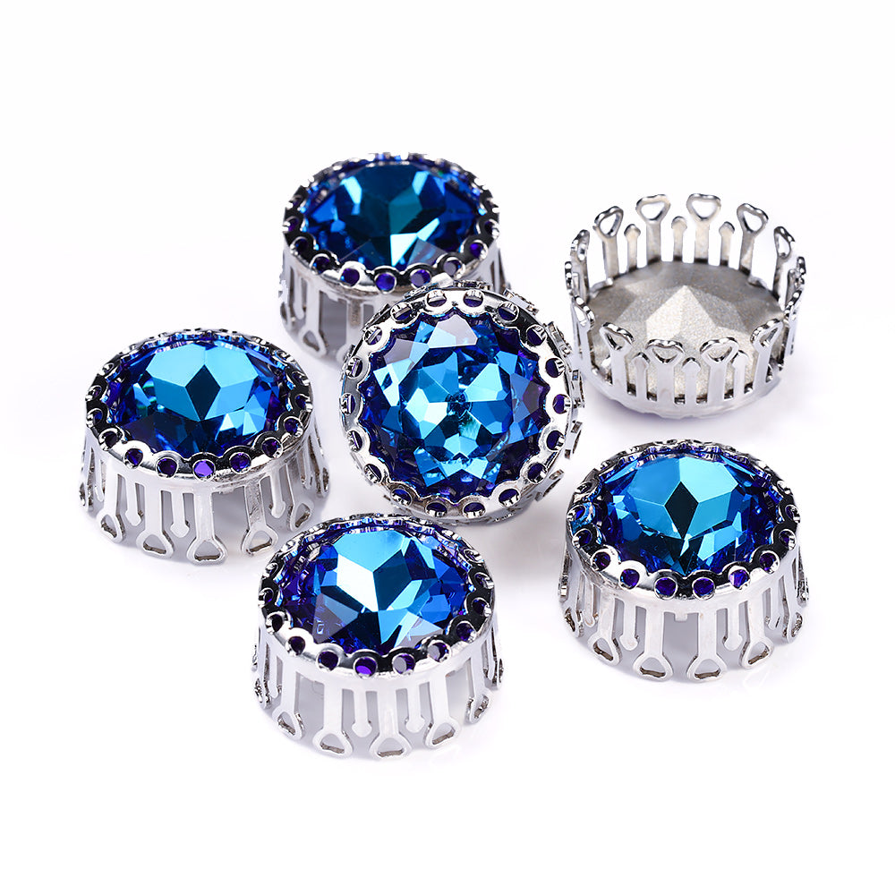 Bermuda Blue Gemstone Flower Round Shape High-Quality Glass Sew-on Nest Hollow Claw Rhinestones