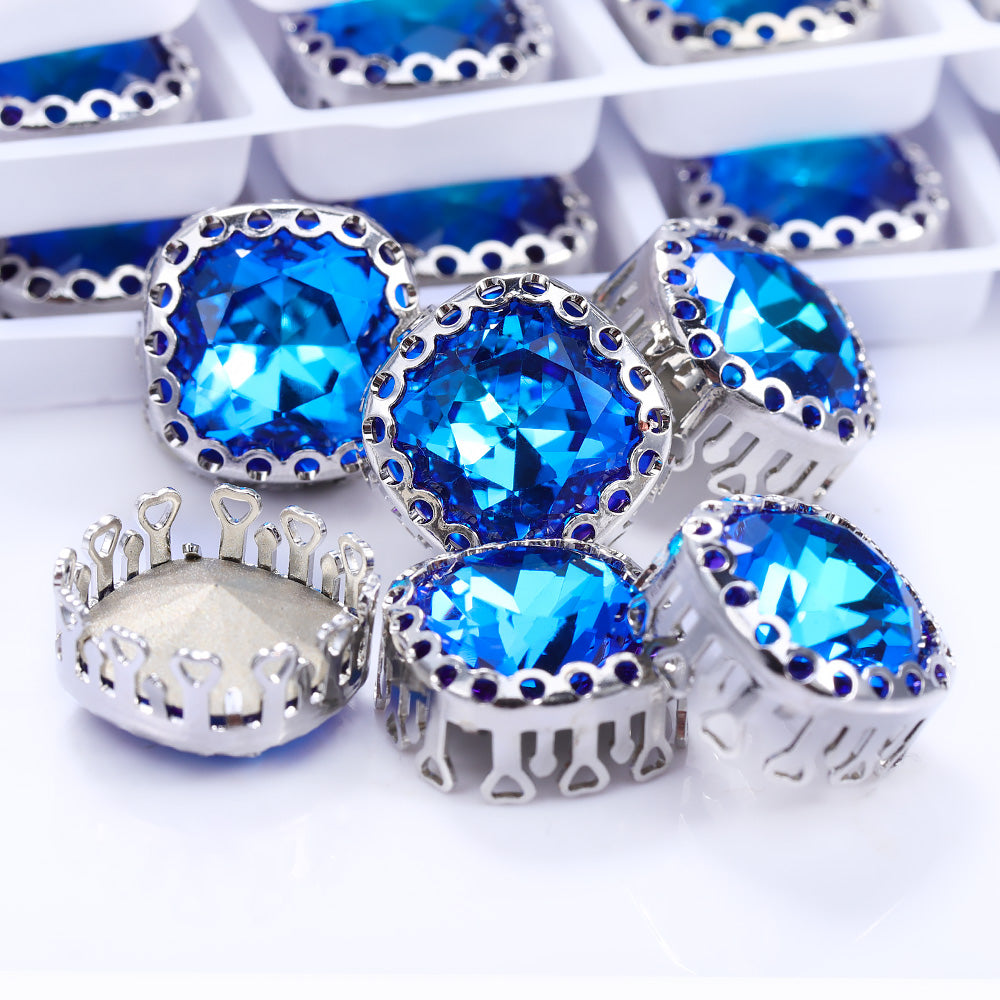 Bermuda Blue Cushion Square Shape High-Quality Glass Sew-on Nest Hollow Claw Rhinestones WholesaleRhinestone