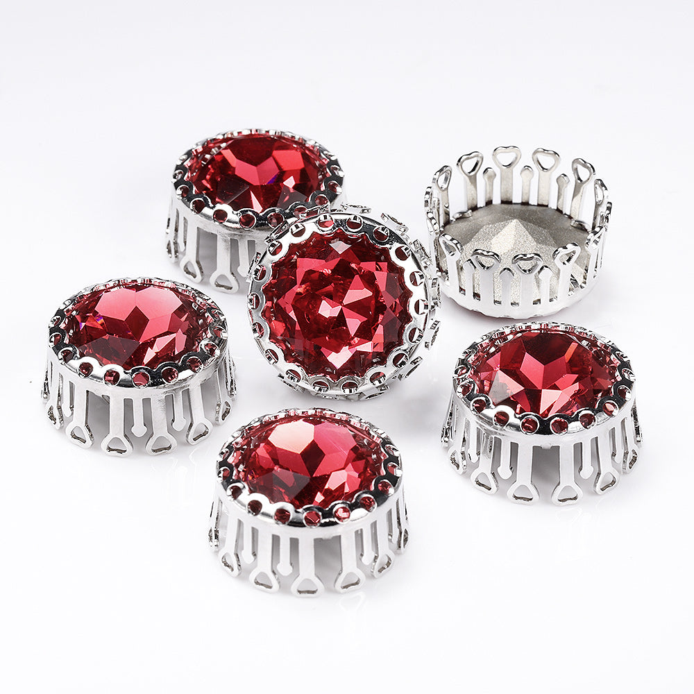 Rose Gemstone Flower Round Shape High-Quality Glass Sew-on Nest Hollow Claw Rhinestones