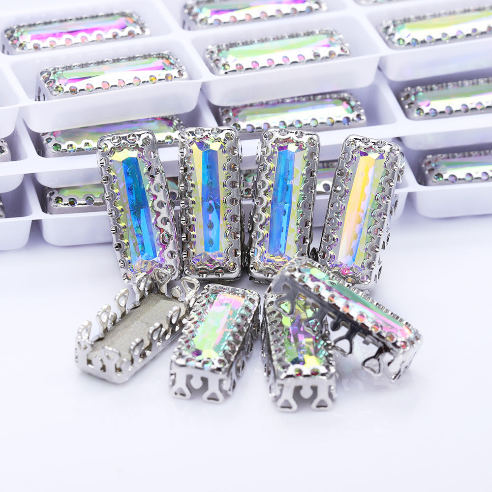 Crystal AB Princess Baguette Shape High-Quality Glass Sew-on Nest Hollow Claw Rhinestones