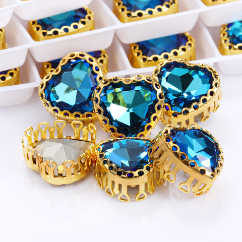 Bermuda Blue Maxi Heart Shape High-Quality Glass Sew-on Nest Hollow Claw Rhinestones