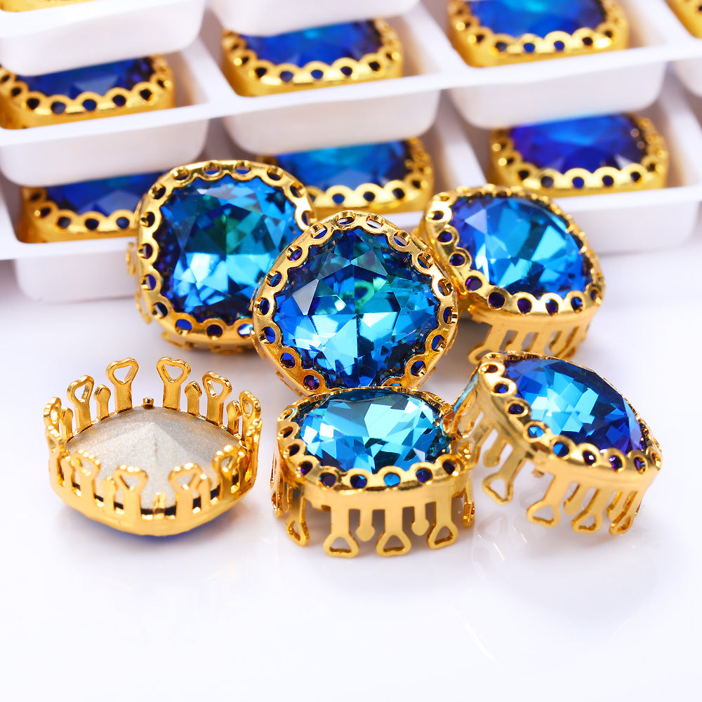 Bermuda Blue Cushion Square Shape High-Quality Glass Sew-on Nest Hollow Claw Rhinestones WholesaleRhinestone