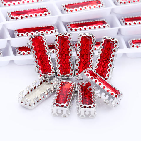 Light Siam Princess Baguette Shape High-Quality Glass Sew-on Nest Hollow Claw Rhinestones